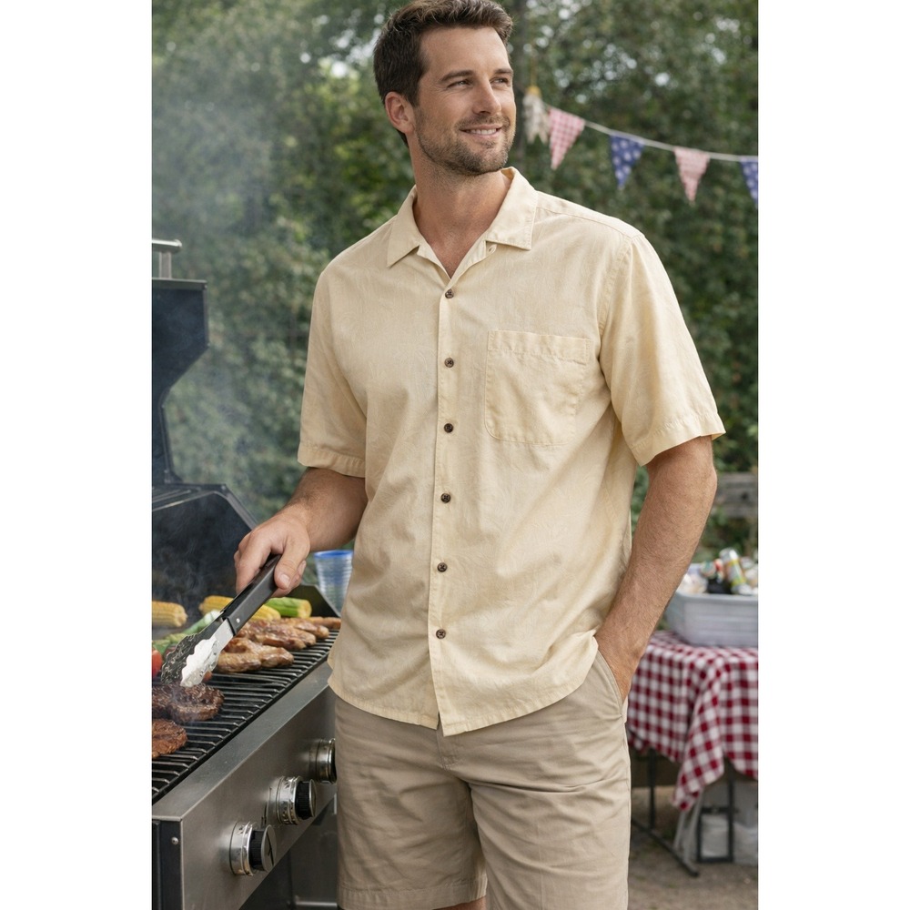 Jos A Bank Men's Hawaiian Shirt Silk Yellow Palm Tree Short‎ Sleeve Large